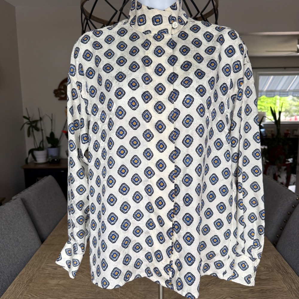 Christian Dior Vintage Geometric Medallion Jacquard Blouse Ivory Navy Yellow 4 - Picture 2 of 16